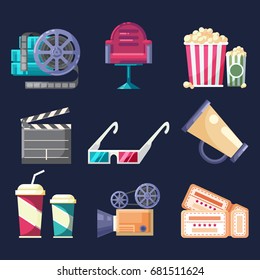 Set of vector flat colorful icons and elements with Cinema Movie film media industry