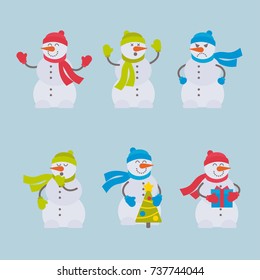 Set of vector flat colorful snowmen for web, print, mobile apps 
