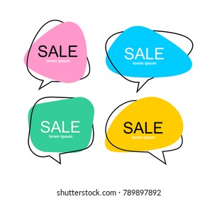Set of vector flat colorful speech bubble shaped banners, price tags, stickers, posters, badges. Isolated on white background