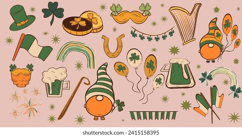 Set vector flat colourful Saint Patrick’s day. Clover, Horseshoe, harpe, money, rainbow, green beer, moustache, Goblin