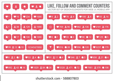 Set Vector Flat Counter Icons Like, Follow, Comment on White Background. Design elements for social network, web, ui, mobile, app