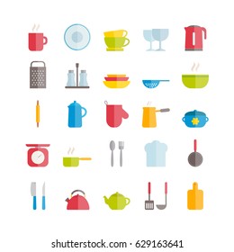 Set of vector flat crockery icons. Modern icons of kitchen utensils for web, print, mobile apps design