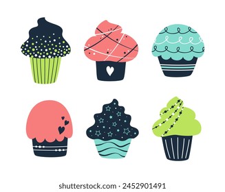 Set of vector flat cupcakes isolated on white background