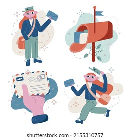 Set vector flat cute cartoon illustrations. Express delivery. The postman delivers letters.