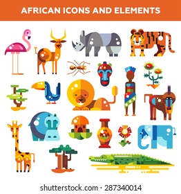 Set of vector flat design african icons and infographics elements with animals