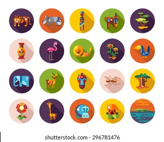 Set of vector flat design african icons and infographics elements with animals