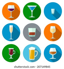 set of vector flat design alcohol glasses icons