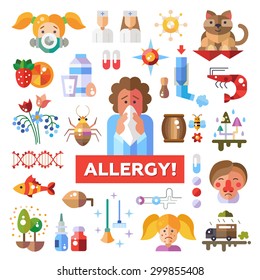 Set of vector flat design allergy and allergen icons and infographics elements