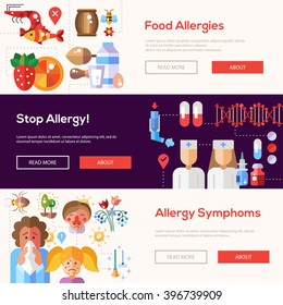Set of vector flat design allergy and allergen banners, headers with icons and infographics elements