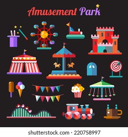 Set of vector flat design amusement park icons