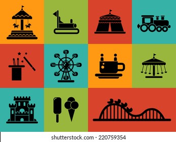 Set of vector flat design amusement park icons