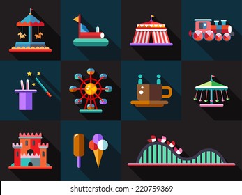 Set of vector flat design amusement park icons