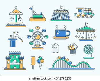 Set of vector flat design amusement park line icons