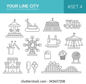 Set of vector flat design amusement park line icons