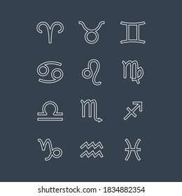 Set of vector flat design astrological zodiac signs isolated white on black background. Aries, Taurus, Gemini, cancer, Virgo, Leo, Aquarius, Pisces, Libra, Scorpio, Sagittarius, Aquarius symbols