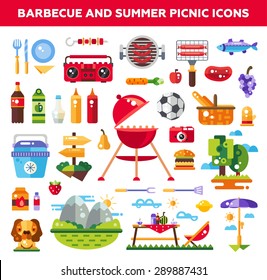 Set of vector flat design barbecue and summer picnic icons and infographics elements
