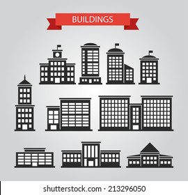 Set of vector flat design buildings pictograms