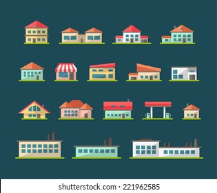 Set of vector flat design buildings pictograms