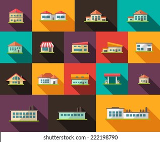 Set of vector flat design buildings pictograms