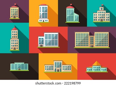 Set of vector flat design buildings pictograms