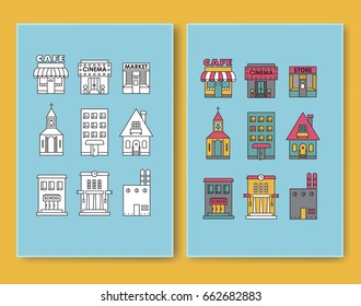 Set of vector flat design buildings icons Apartment, Residential, cafe, store, church. Icons in color and black-and-white versions
