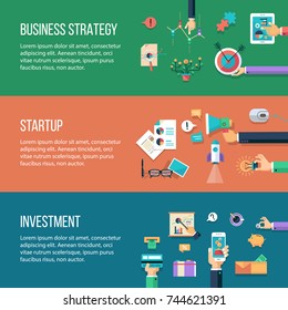 Set of vector flat design business banners, headers with icons and infographics elements. Investment, startup, business strategy