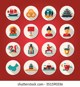 Set of vector flat design China travel icons and infographics elements with landmarks and famous Chinese symbols 
