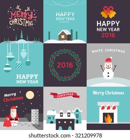 Set of Vector Flat Design Christmas and New Year Postcards. Vector Illustration