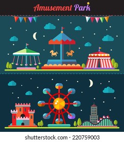 Set of vector flat design composition with amusement park elements