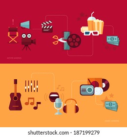 Set of vector flat design concept illustrations with icons of movie and music making