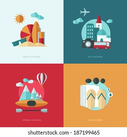 Set of vector flat design concept illustrations with icons of travel and vacation