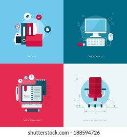 Set of vector flat design concept illustrations with icons of office equipment and devices