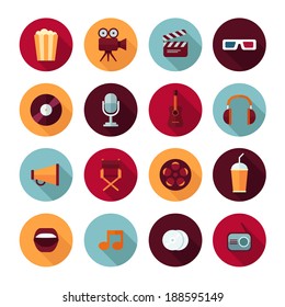 Set of vector flat design concept icons for music and cinema