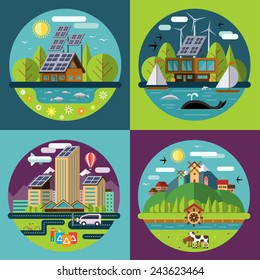 Set of vector flat design concept illustrations with icons of ecology, environment, recycling, green energy, eco city or eco village life