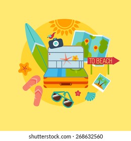 Set of vector flat design concept illustrations with icons of travel and vacation on a beach Flier last minute tour
