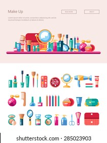 Set of vector flat design cosmetics, make up icons and elements with header banner illustration
