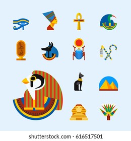 Set of vector flat design egypt travel icons culture ancient elements illustration.