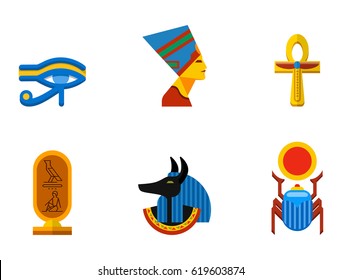 Set of vector flat design egypt travel icons culture ancient elements illustration.