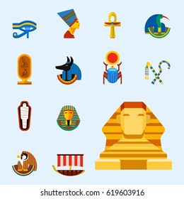 Set of vector flat design egypt travel icons culture ancient elements illustration.