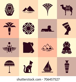 Set of vector flat design Egypt travel icons and graphics elements with landmarks, traditional signs and famous Egyptian symbols