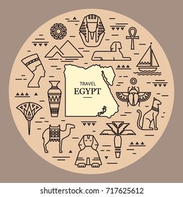 Conjunto de vectores de diseño plano Egipto iconos de viaje y elementos gráficos con puntos de referencia, signos tradicionales y famosos símbolos egipcios