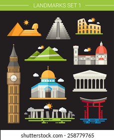 Set of vector flat design famous world landmarks icons