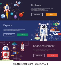 Set of vector flat design flyers and headers of space icons and infographics elements