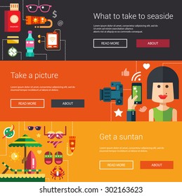 Set of vector flat design flyers, headers of summer time and vacation icons, infographics elements