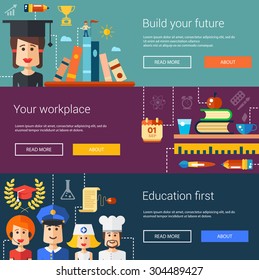 Set of vector flat design flyers, headers, banners of school and college icons, infographics elements. Back to school