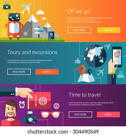 Set of vector flat design flyers and headers of travel, tourism, leisure icons and infographics elements