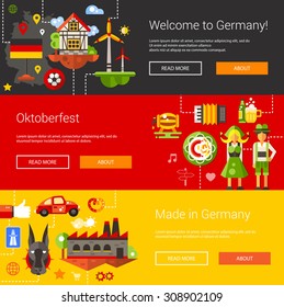 Set of vector flat design flyers and headers with Germany travel, tourism icons and infographics elements
