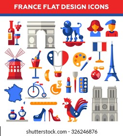 Set of vector flat design France travel icons and infographics elements with landmarks and famous French symbols 