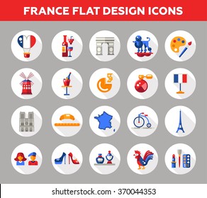 Set of vector flat design France travel icons and infographics elements with landmarks and famous French symbols 
