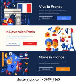 Set of vector flat design France travel banners, headers with icons and infographics elements with landmarks and famous French symbols 